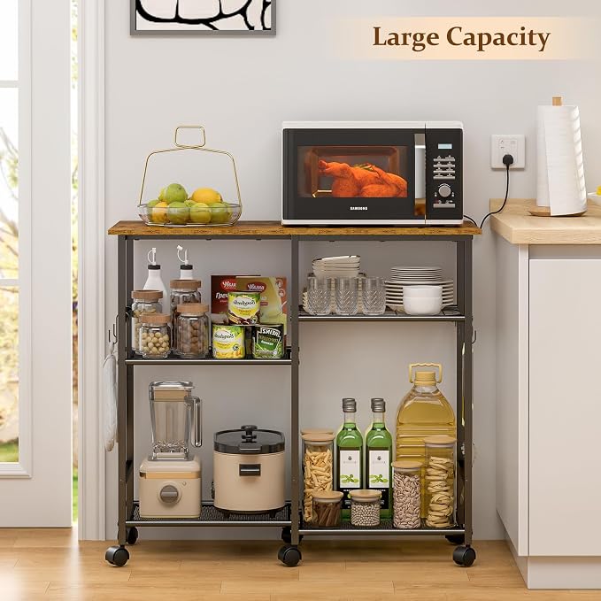 ThreeHio Rolling Kitchen Microwave Cart, 3-Tier Microwave Stand with Adjustable Shelf, Kitchen Storage Island on Lockable Wheels, Coffee Bar Baker's Rack Utility Cart for Living Room, Office, Balcony