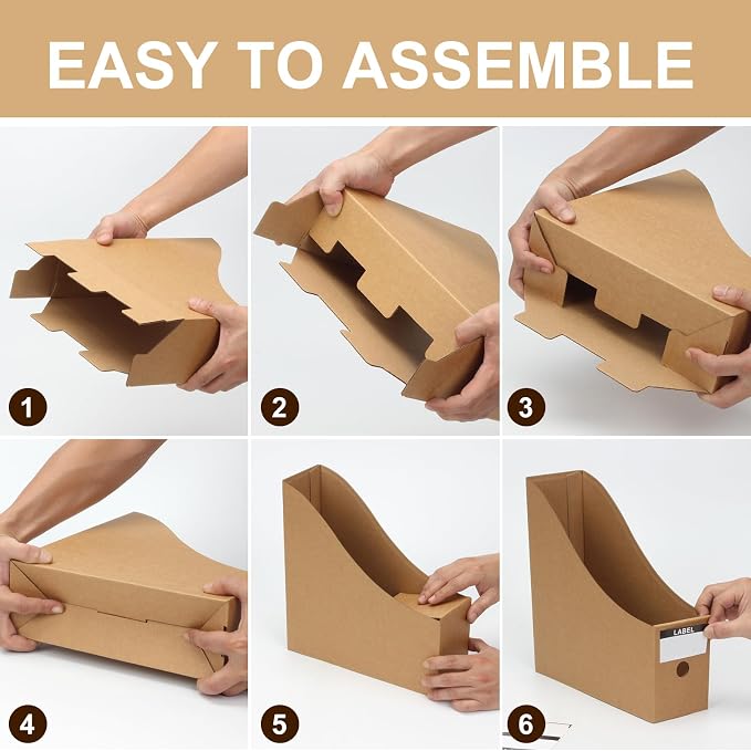 24 Pcs Cardboard Magazine File Holders Paper Magazine Book Bin Box | Bulk Kraft Paper Organizer Storage Folder with Label Sticker for School Classroom Office Library Home Supplies Desk Shelve