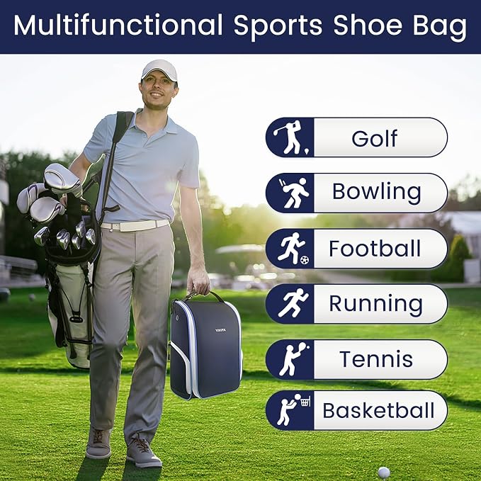 YOREPEK Golf Shoe Bag with 3 Pockets for Socks, Gloves, Tees, Balls, Brush | Designed with a Buckle Top Carry Handle, Zippered Sport Shoe Carrier Bags with Ventilation, Golf Gifts for Men