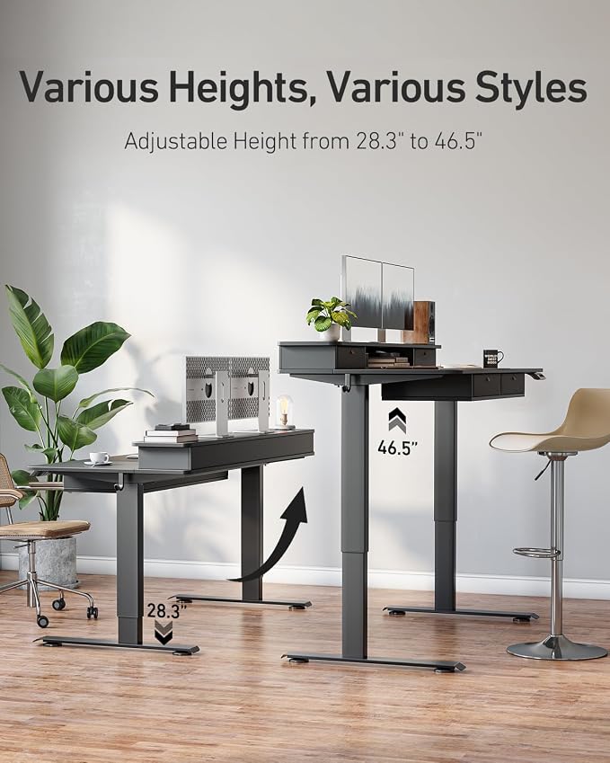 FEZIBO 48 x 24 inch Standing Desk with Drawers, Height Adjustable Electric Workstation, Computer Sit Stand Up Table with Large Storage Shelf 4 Drawers and 2 Hooks, Black
