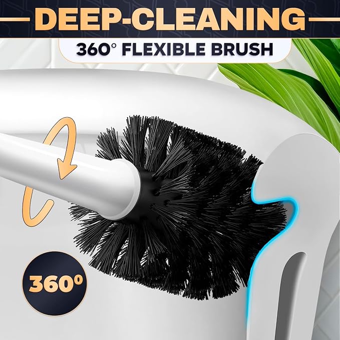 2 in 1 Toilet Plunger and Brush Set White - Toilet Brush and Plunger Set White with Stiff Bristles, Strong Vacuum Suction and Holder - Space-Saving Stand, Fits Most Standard Toilets, 6.4×5.5×17.1 inch