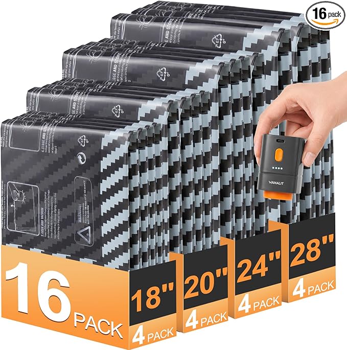 Travel Vacuum Bags with Wireless Pump, Space Saver for Luggage, 16 Pack | Compression bags for clothes, 4 Sizes XS-L, Wireless pump 1800mAh, 100+ bags/charge, PA+PE anti-leak,Cruise and home storage
