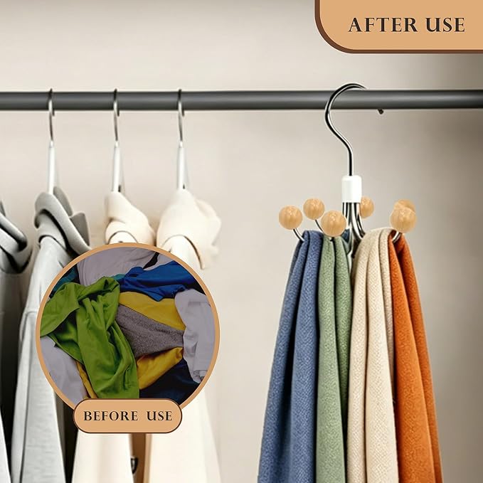 Sweatshirt Hangers with 6 Cedar Balls, Purse Hanger, Scarf Hanger, Wooden Closet Hooks, Handbag Organizer, Bra Hanger, Accessory Organizers for Scarf, Tanktop, Hat, Hoodie-Wood Color(1 Pack)