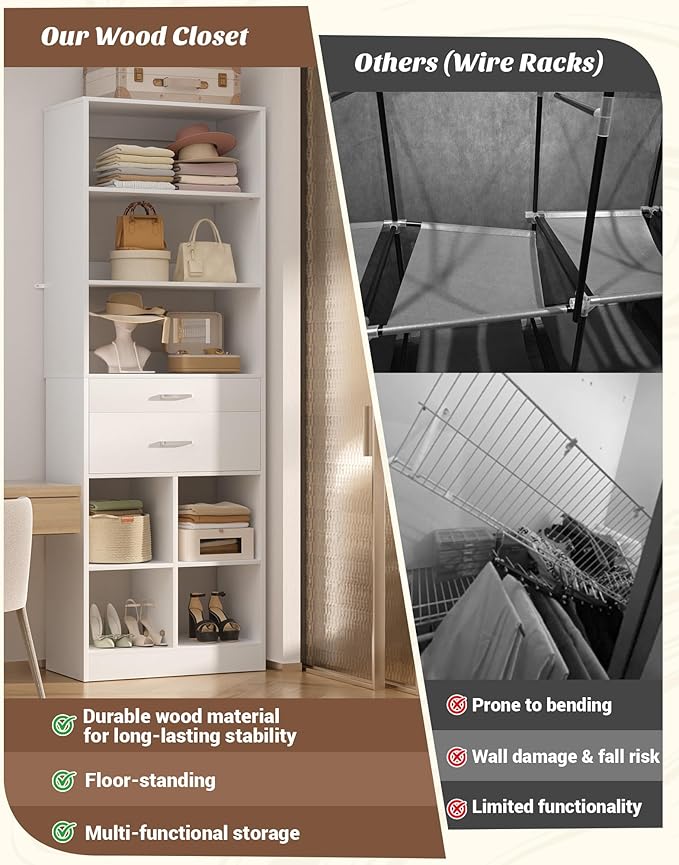 Besiost 22" Closet System with Drawers, Small Closet Organizer for Walk in Closet, Wardrobe Storage Unit with Storage and Shelves, White