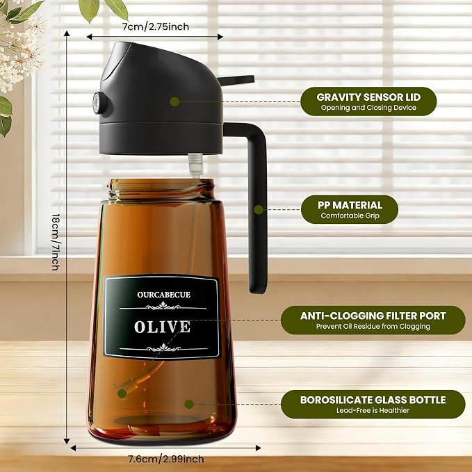 Olive Oil Sprayer & Dispenser for Cooking, 16oz Dark Glass Oil Mister, 2PC | 2-in-1 Oil Sprayer & Pourer, Fine mist, Light-Blocking, Wide Mouth for Easy Refill & Clean, 8 Oil Labels, Reusable