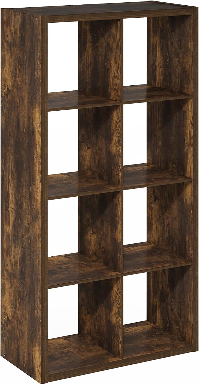 Furinno Cubicle 8-Cube Book Shelf, Extra Thick Frame Bookshelf, Amber Pine | 14.6" x 30" x 58", Horizontally & Vertically Reversible Bookcase with Open Back, for Living Room, Bedroom, Home Office