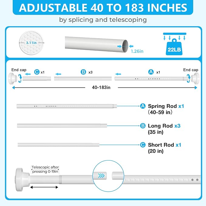 MEXAU White Shower Curtain Rod 40-183 Inch Adjustable 1.26 Inch Diameter Tension Curtain Rod No Drill, Tension Rod for Window, Bedroom, Bathroom, Outdoor, Room Divider