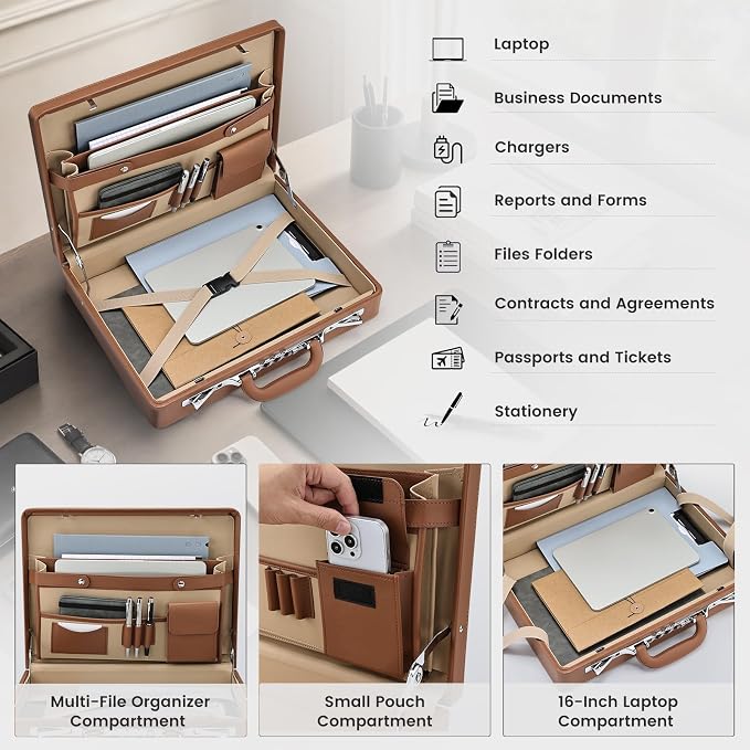 Briefcases for Men, Carrying Case Document Professional Leather Briefcase with Lock, Business Brief Case for 16 Inch Laptop Documents, Durable Executive Attache Case for Work Office Travel, Brown