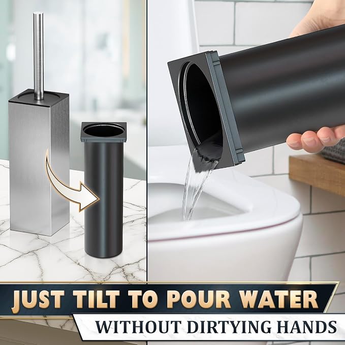 Silver Toilet Brush and Holder Set Stainless Steel – Square Design Toilet Bowl Brush and Holder, Rust, Corrosion & Scratch Resistant with Splash Protection, for Efficient Cleaning and Neat Storage
