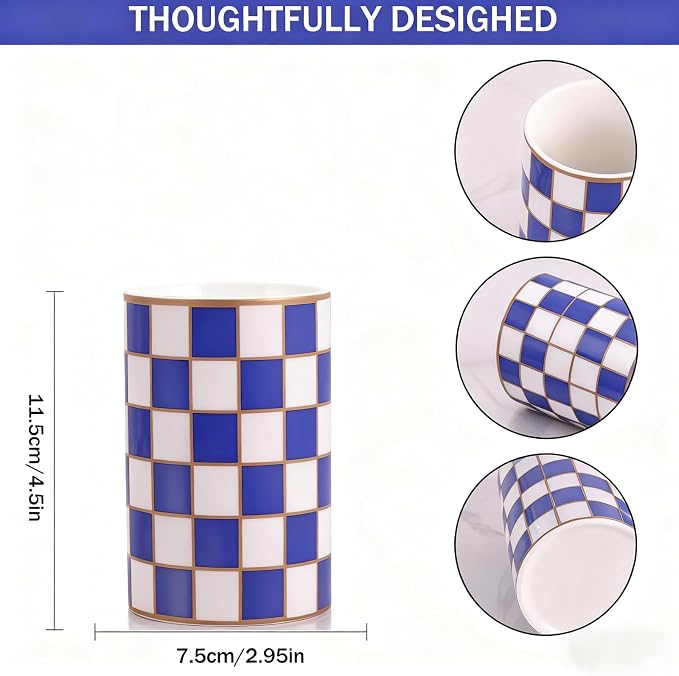 Ceramic Checkered Pen Holder For Desk,Cute Stand Black And White Pencil Cup,Durable Ceramic Pencil Cup, Decorative Makeup Brush Holder Cup, Stationery Holder for Office, School, Home (Blue)