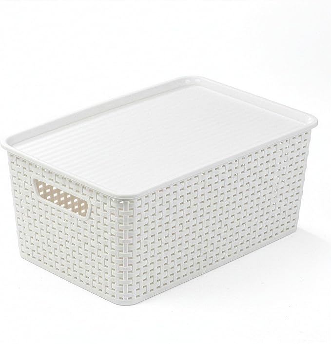 BINO | Plastic Storage Baskets with Lids, 15.5 Liter - 3 Pack, White | THE WOVEN COLLECTION | Storage Basket for Shelves Woven Storage Baskets for Organizing Bins Pantry Shelf Organizer Container Bin