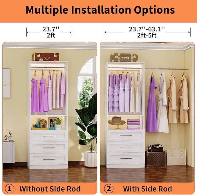 Closet System with 3 Drawers, 2FT-5FT Closet Organizer System with Shelf, Freestanding Walk-in Modular Closet System, Small Wood Closet Drawer System, White, Single Unit