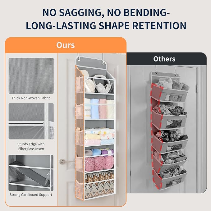 Yecaye 5-Tier Over the Door Organizer Hanging, Toy Stuffed Animal Storage, Behind the Door Storage with 5 Clear View Windows & 10 Side Pockets, Over the Door Storage for Bathroom Closet Nursery, Grey