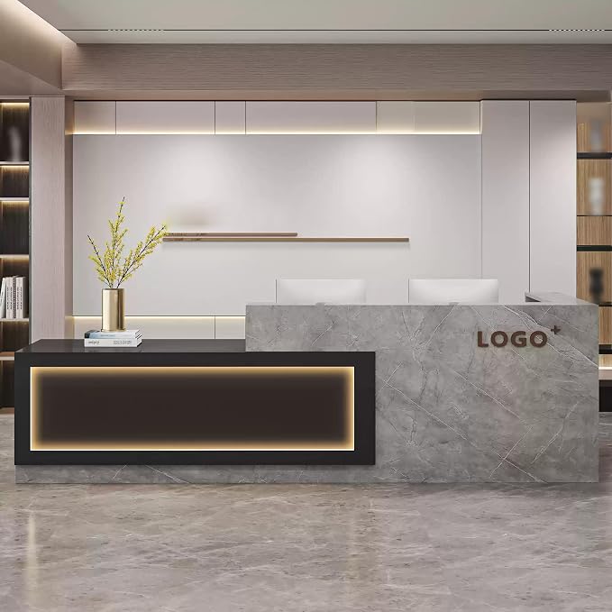Modern Reception Desk with Counter, Front Desk Reception Counter with Lockable Drawer, Keyboard Tray & Storage Cabinet, Solid Wood Receptionist Table for Salon Office Lobby (C - Left, L 160cm/63in)