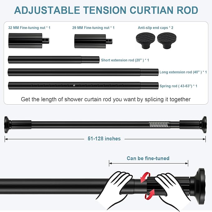 ZOCONE Tension Curtain Rod 51-128 In (4.25-10.5Ft), Shower Curtain Rod No Drilling for Bathroom, Outdoor Curtain Rods for Patio, Adjustable Spring Shower Rod Room Divider Closet Rod, Never Rust, Black