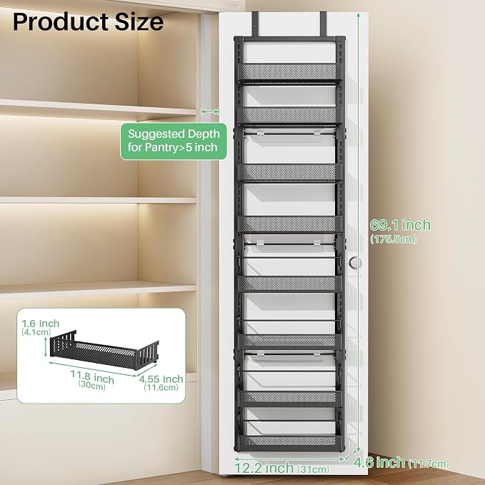 Narrow Over the Door Pantry Organizer - 8 Tiers Height Adjustable Pantry Organizers and Storage with Dense Mesh Baskets, Metal Spice Rack for Kitchen Bathroom (Black, 12.2"W x 4.6"D x 69.1"H)