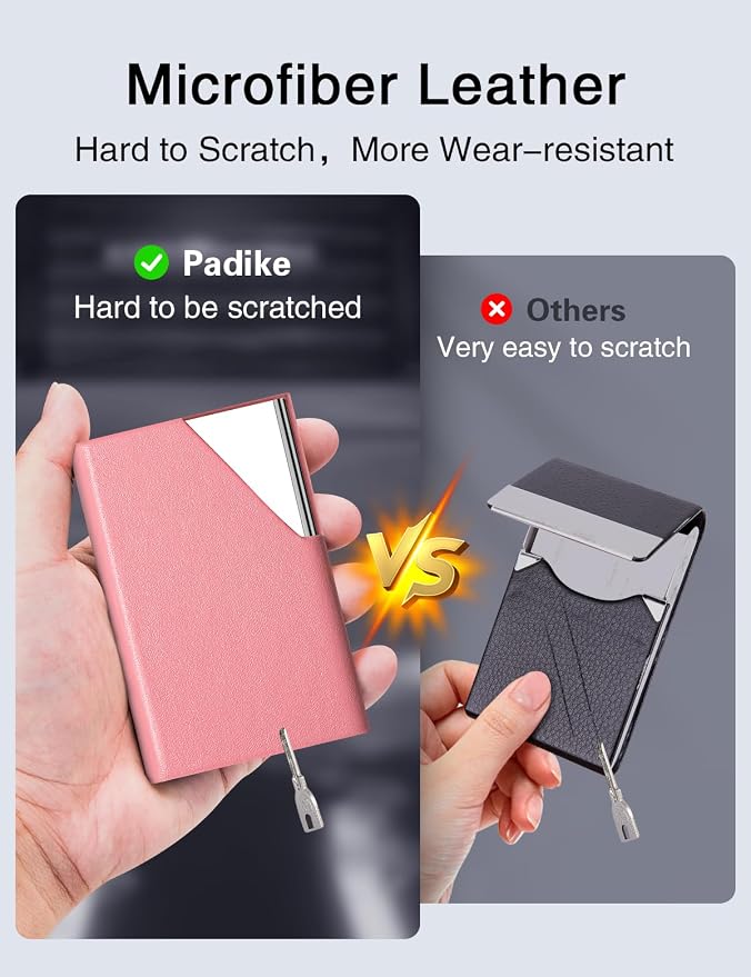 Padike Business Card Holder, PU Leather & Stainless Steel Multi Card Case for Men & Women, Name Card Holder, Credit Card Wallet, ID Case/Holder with Magnetic Closure (Pink)