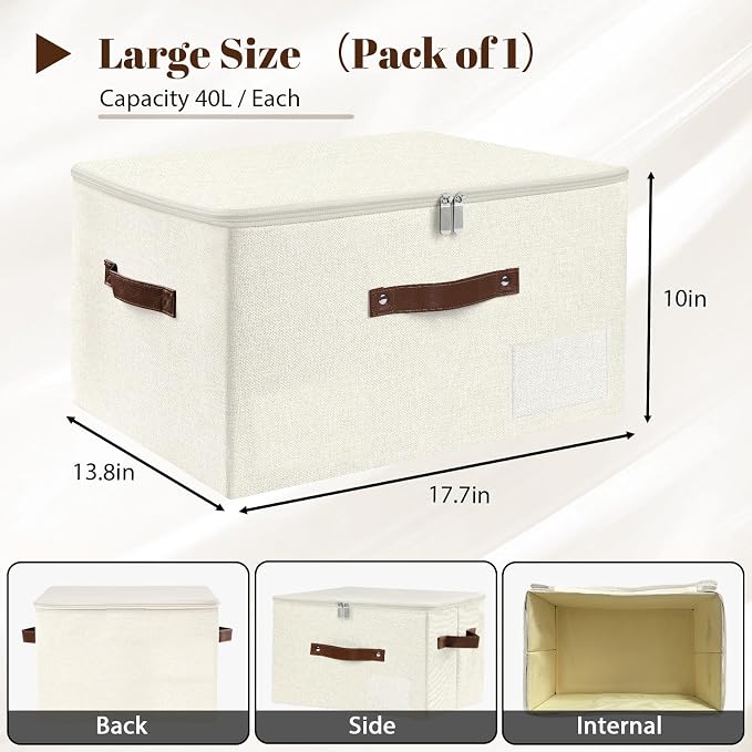 ANMINY Fabric Storage Box Bins with Zipper Lid, Washable Beige, 3PCS | Cotton Linen Fabric, PP Board Frame, Label Holder, Stackable & Foldable, PU Handles, Dual-Zipper 3-Side Open Lid, Large