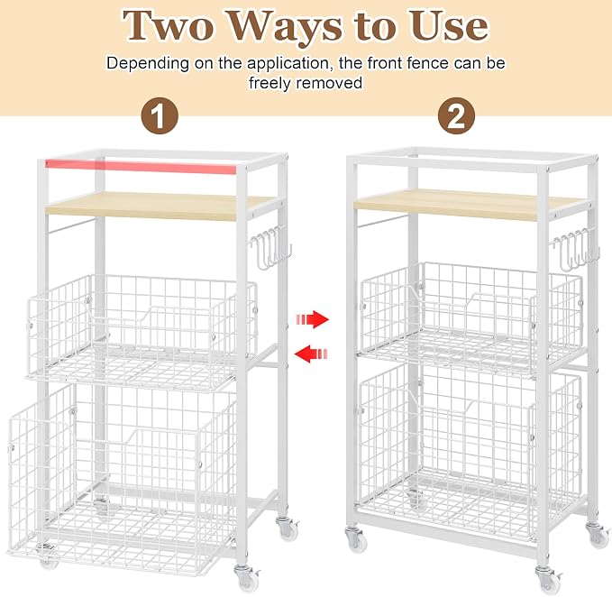 Hongtamoya 3 Tier Laundry Room Cart with Pull-Out Baskets, Storage Cart with Wheels, Rolling Cart with Wood Top Metal Bathroom Laundry Room Organization Mobile Shelf Unit Organizer Trolley, White