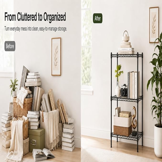 3 Tier Storage Shelves, Metal Wire Shelving Unit, Heavy Duty Adjustable Shelf Rack for Pantry, Kitchen, Garage and Laundry Room, Black