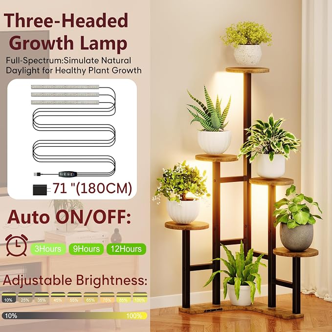 Yzosvki Corner Plant Stand Indoor with Grow Lights, 6 Tiered Corner Plant Shelf Flower Stand for Multiple Plants, Plant Shelves Organizer Rack for Living Room, Balcony, Patio, Round Rustic Brown