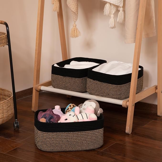 OIASKET Storage Baskets for Organizing 3 Pack, Woven Baskets for Shelves, Closet Organizer Bins Empty Gift Basket Toy Storage for Toys, Books, Towels, Clothes, 15"x11.42"x6.7", Black & Yellow