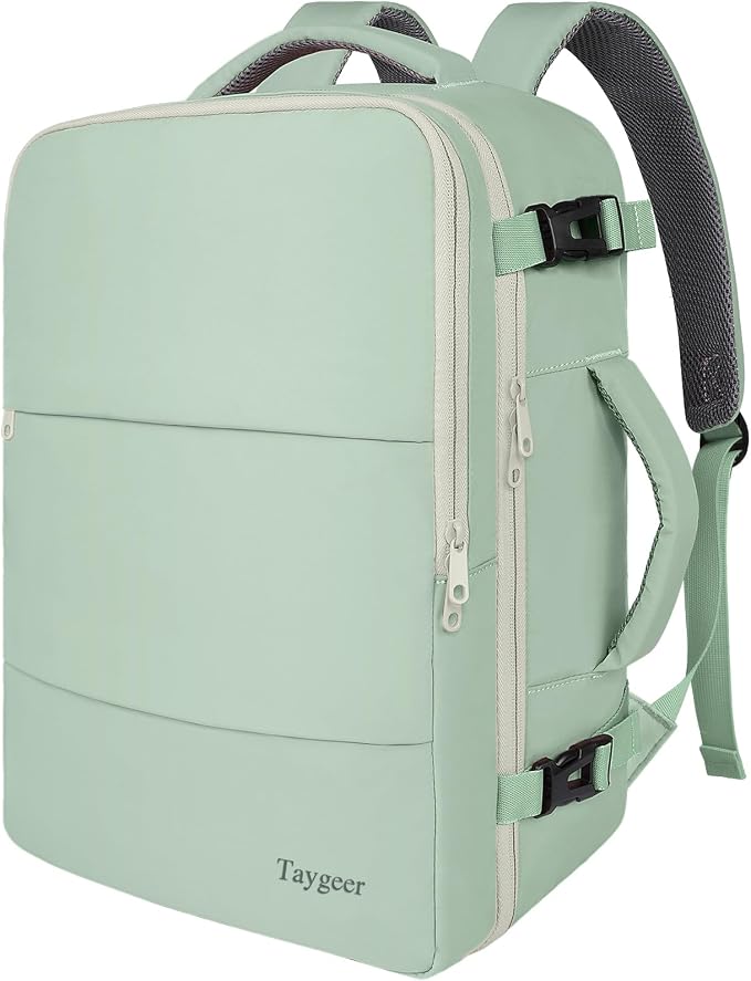 Taygeer Carry On Backpack, 35L Travel Backpack for Women Airline Approved | Cute Underseat Personal Item Travel Bag with Shoe Compartment, Casual Daypack Gifts for Friend Weekend, Green Beige