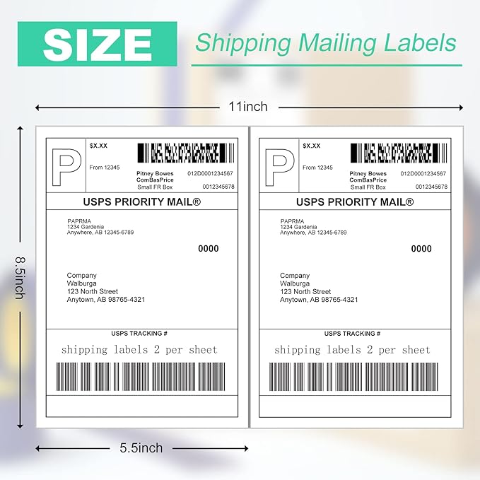 Half Sheet 8.5x5.5inch Shipping Mailing Label 200 Counts, 2 Labels Per Sheet 8.5 x 11 for Laser & Inkjet Printer, Permanent Adhesive Label Square Corner (100 Sheets)
