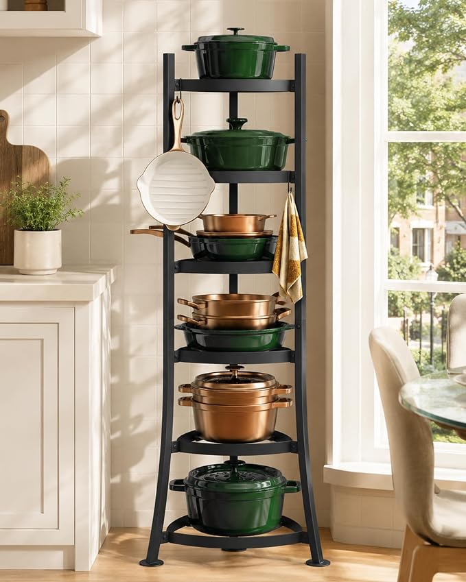 6-Tier Cast Iron Freestanding Pot Rack, 264 Lbs Capacity Cookware Storage Tower with 6 Hooks, Pot and Pan Organizer for Kitchen and Dining Room, Matte Black