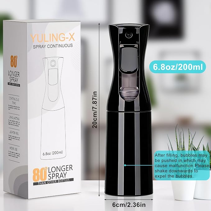 hair spray bottle, ultra-fine spray continuous spray bottle (200ml/6.8oz), used for hair design, vegetation, cleaning and skin care - empty, reusable (Pure Black)