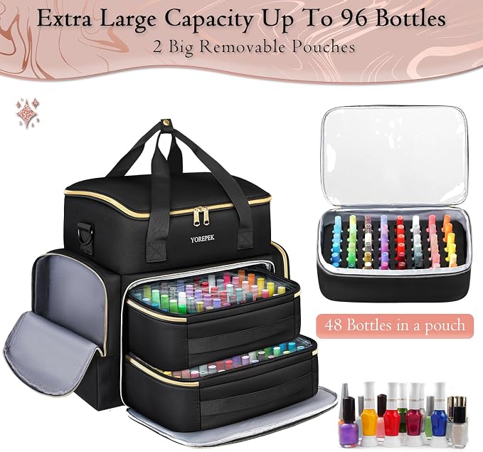 YOREPEK Extra Large Nail Polish Organizer Case for 96 to 100 Bottles (15ml) | Gel Polish Travel Case Bag with 2 Removable Pouches Fits Nail Supplies, Gel Nail Kit, UV lamp, Manicurist Nail Tech Gifts