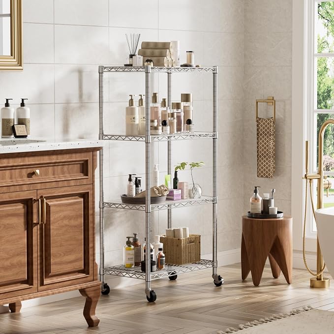Golpart Shelves Storage Shelf Wire Closet Bathroom Organizers Metal Pantry | 4 tier Kitchen Garage Shelving Unit Laundry Room Organization Home Rack Net Basket White with Wheels 14”D X 24”W X 48.9”H