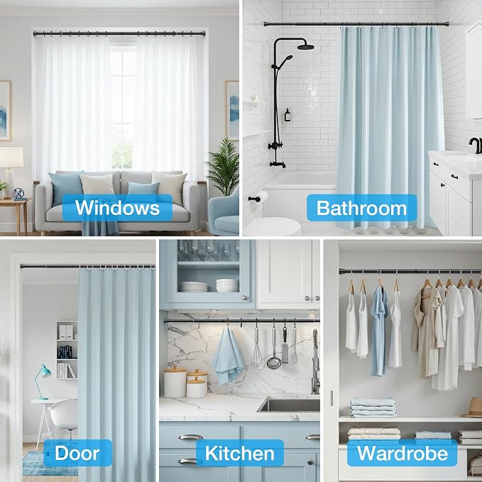 MEXAU Shower Curtain Rod 44-77 inch Black Tension Rod Shower rod Non Slip Tension Curtain Rod Adjustable Curtain Rods No Drilling Shower Rods for Bathroom Windows Closet