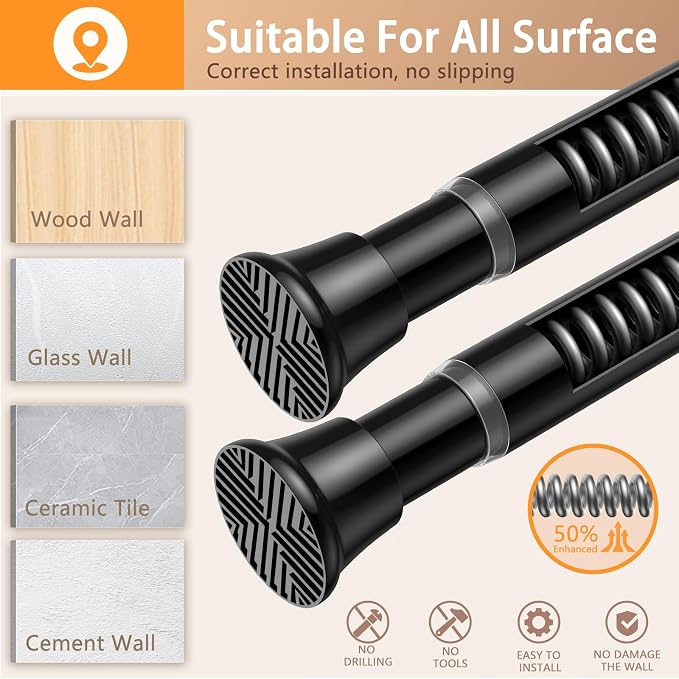 Black Spring Tension Curtain Rod 23 to 46 Inch, Spring Tension Rod Small Curtian Rod, Adjustable Expandable Pressure Curtain Rod for Windows Bedroom Closet Doorway