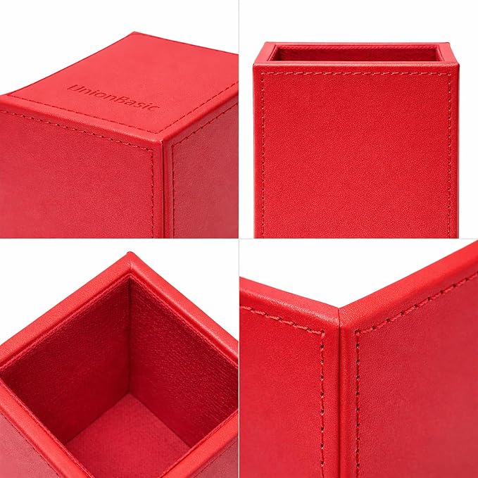 UnionBasic Square Pen Holder, Leather Pencil Cup, Desktop Caddy Stationery Organizer, Red