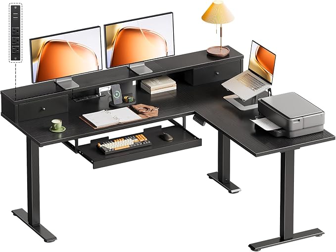 OffiGo 59 Inch L Shaped Electric Standing Desk with Drawers, Black | Monitor Stand, Keyboard Tray, Fabric Drawer, Power Outlets, Height Adjustable Corner Stand Up Desk for Organized Home Office