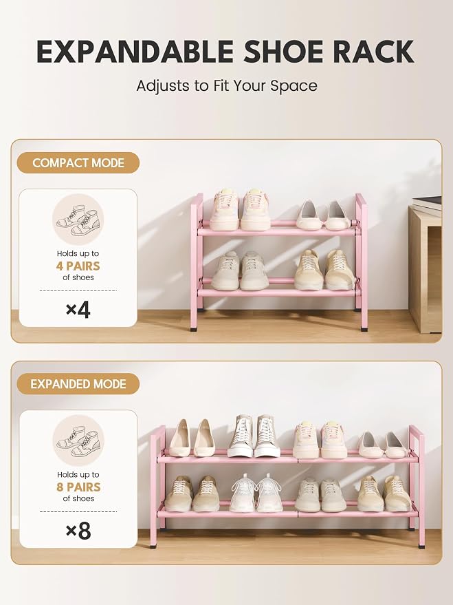 Bumusty 2-Tier Expandable Shoe Rack for Closet, 18“-33” Adjustable Shoe Rack for Small Space, Small Shoe Organizer for Front Door, Sturdy Metal, Pink