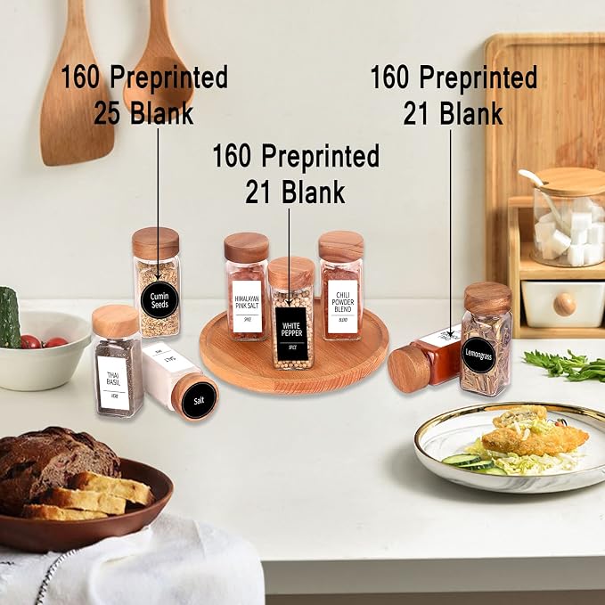 Churboro 24 Pack 4oz Glass Spice Jars with 547 Labels, Acacia Wood Lids | Empty Square Spice Bottles with Acacia Wood lids, Labels, Funnel & Chalk Pen. Keep Seasoning Containers Neat and Organized