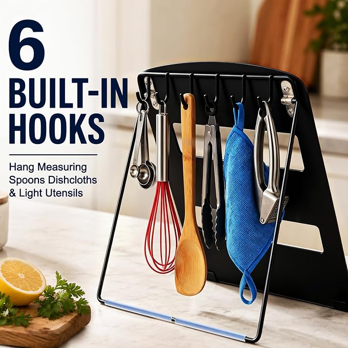 Cookbook Stand for Kitchen Counter,Metal Recipe Book Holder with Hooks,Foldable Reading Rack for Textbooks,Tablets and Magazines,Space Saving Carbon Steel Stand with Non Slip Pads,Black