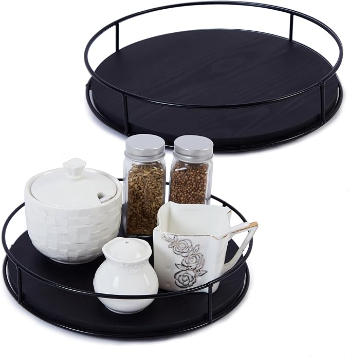 [ 2 Pack ] 9" & 10" Black Wood Lazy Susan Organizers with Steel Sides