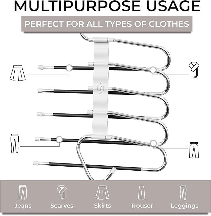 MORALVE Pants Hangers Space Saving - 2 Pack - Non-Slip Multi-Layer Space Saving Hangers - Multifunctional Clothing Rack for Closet Storage - Ideal for Jeans, Trousers, Skirts, Scarves & Slacks (White)