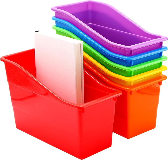 4E's Novelty 6 Durable Book and Binder Holder, Files Book Bins for Classroom, Plastic Vertical Storage Book Organizer Folder Office Classroom Organization Containers Supplies (Rainbow)