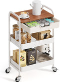 TOOLF 3 Tier Metal Utility Rolling Cart - White Storage Cart with Drawer and Wooden Table Top, Trolley Kitchen Organizer Rolling Desk with Locking Wheels for Office, Classroom, Home, Bedroom