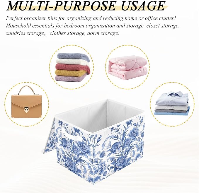 Flower Blue Lidded Storage Bins with Handles - 16.5"x12.6"x11.8" Foldable Organizing Box, Oxford Fabric & Honeycomb Board, Dust-Proof Flip Lid for Closet/Office