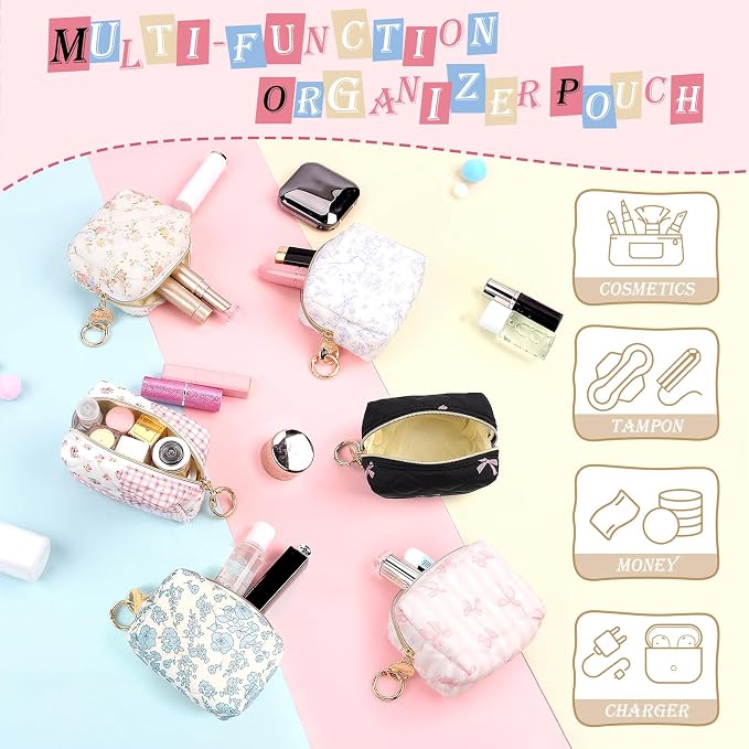 Quilted Mini Makeup Bag, Cute Small Cosmetic Bag for Purse, F-Blue | Floral Travel Makeup Pouch, Make Up Pouch for Women, Purse Organizer Pouches for Travel/ Gym/ Daily Use, Perfect Gifts