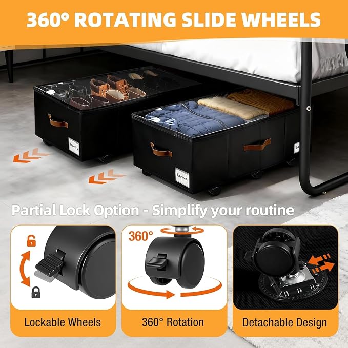 Under Bed Storage with Wheels,Underbed Storage with Sturdy Sidewalls/Bottom, Clear Cover, Label and PU Handle, Rolling Under Bed Drawers for Clothes, Shoes, 11 Inch Height,Black, 4 Pack