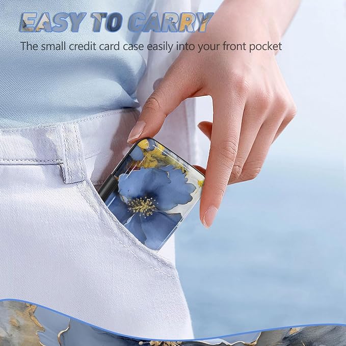 Credit Card Holder, Mini RFID Small Aluminum Card Wallet Business Card Case | Blocking Slim Metal RFID Blocking Front Pocket Wallet Hard Case Durable CC Holder for Women Girls, Blue Flowers