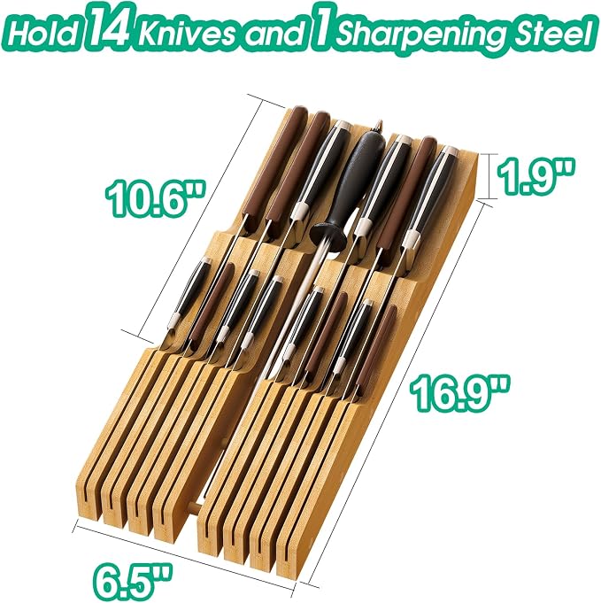 Knife Drawer Organizer (Natural, 12 Knives + 1 Sharpening Steel) | Bamboo Wood Drawer Knife Organizer, Bamboo Wood Block Organizer, Protecting Knife Organizer Block