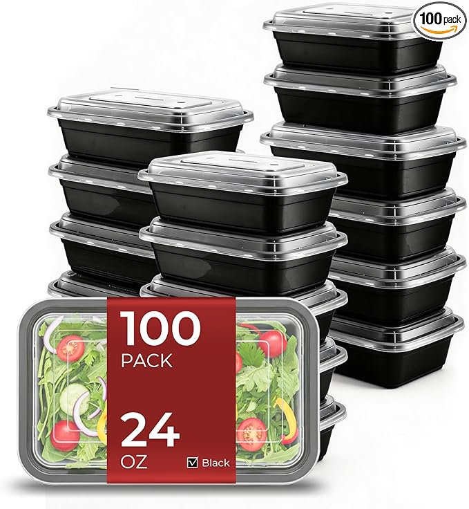 100 Pack (200-Piece) 24 oz Meal Prep Containers Reusable Food Storage Containers with Lids, Sturdy Leakproof To Go Plastic Takeout Containers for Microwave, Freezer, Dishwasher Safe