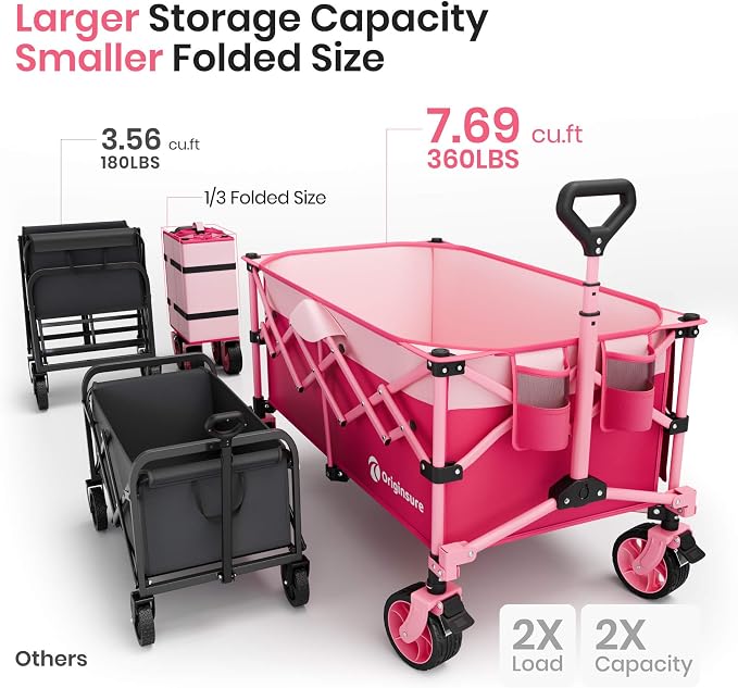 220L Collapsible Wagon Cart Foldable, 38" L Extra Large Heavy Duty Folding Beach Wagons with All-Terrain Wheels, Utility Carts for Camping, Sports, Shopping, Groceries - Pink